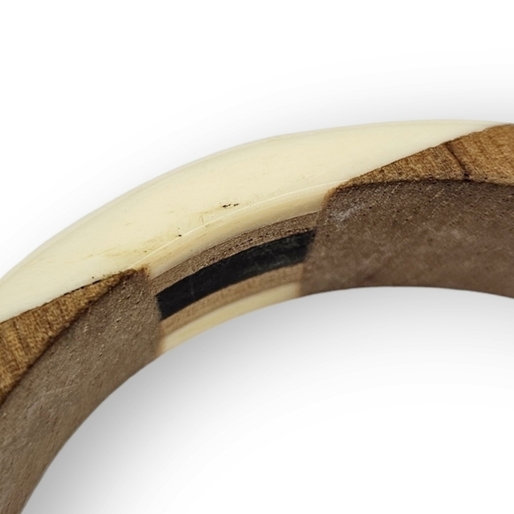 VINTAGE Mod Bangle Bracelet Colorblock Bovine Bone Horn Wood Geometric ~8.25" - Picture 8 of 10